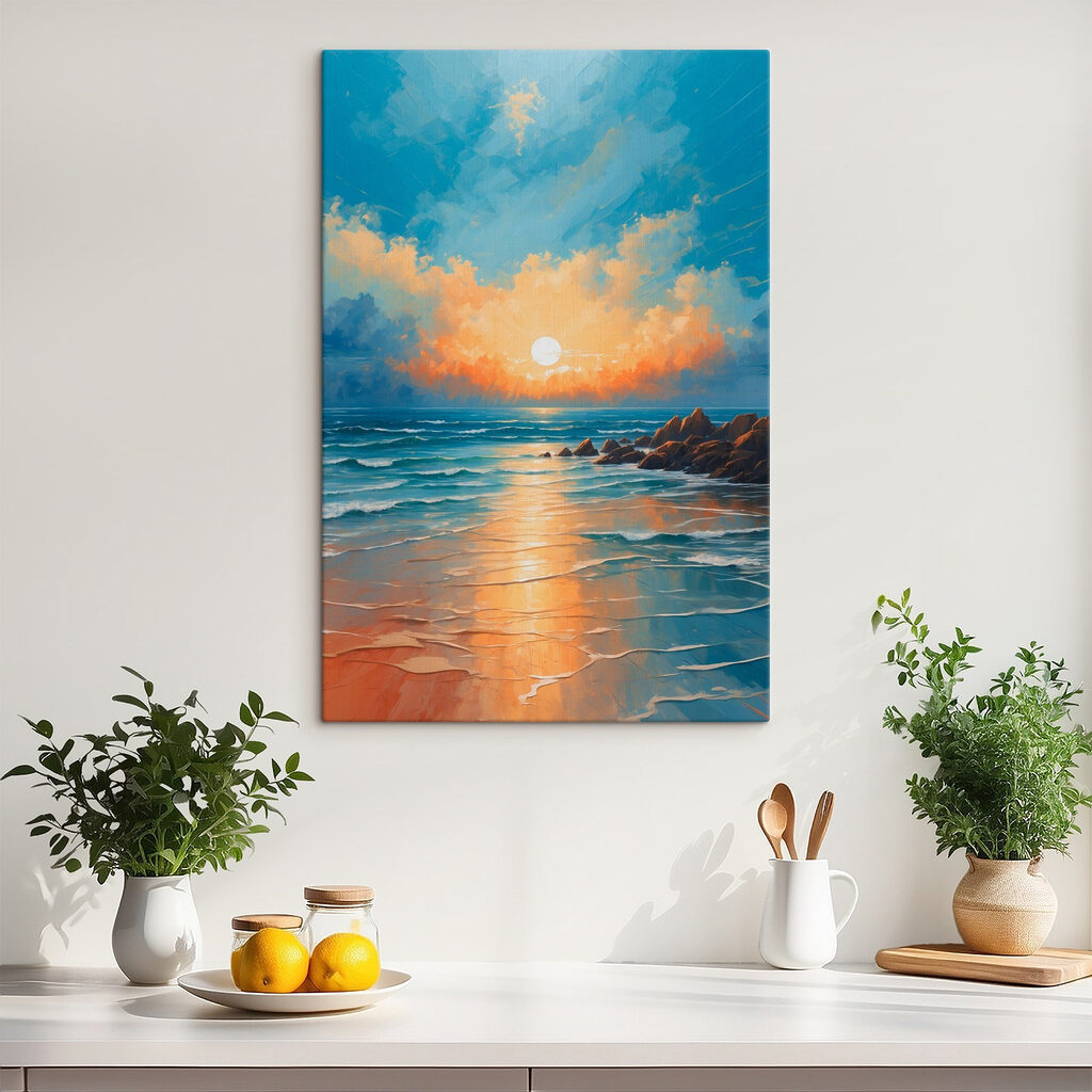Painting of a beach with rocks and water and the sun