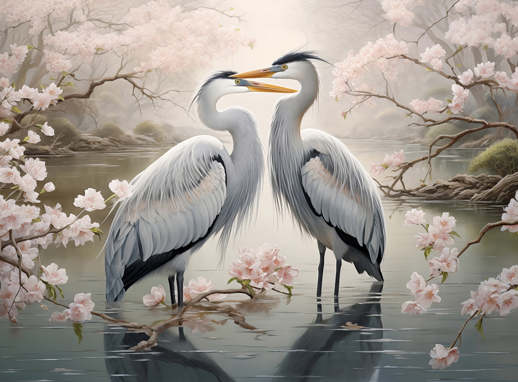 Couple of white birds standing in water with pink flowers
