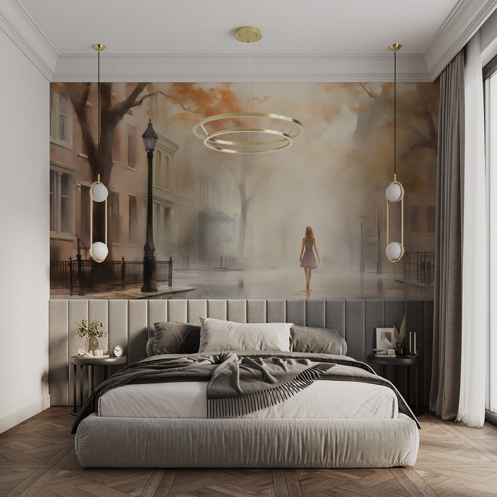 Woman walking down a street in the fog