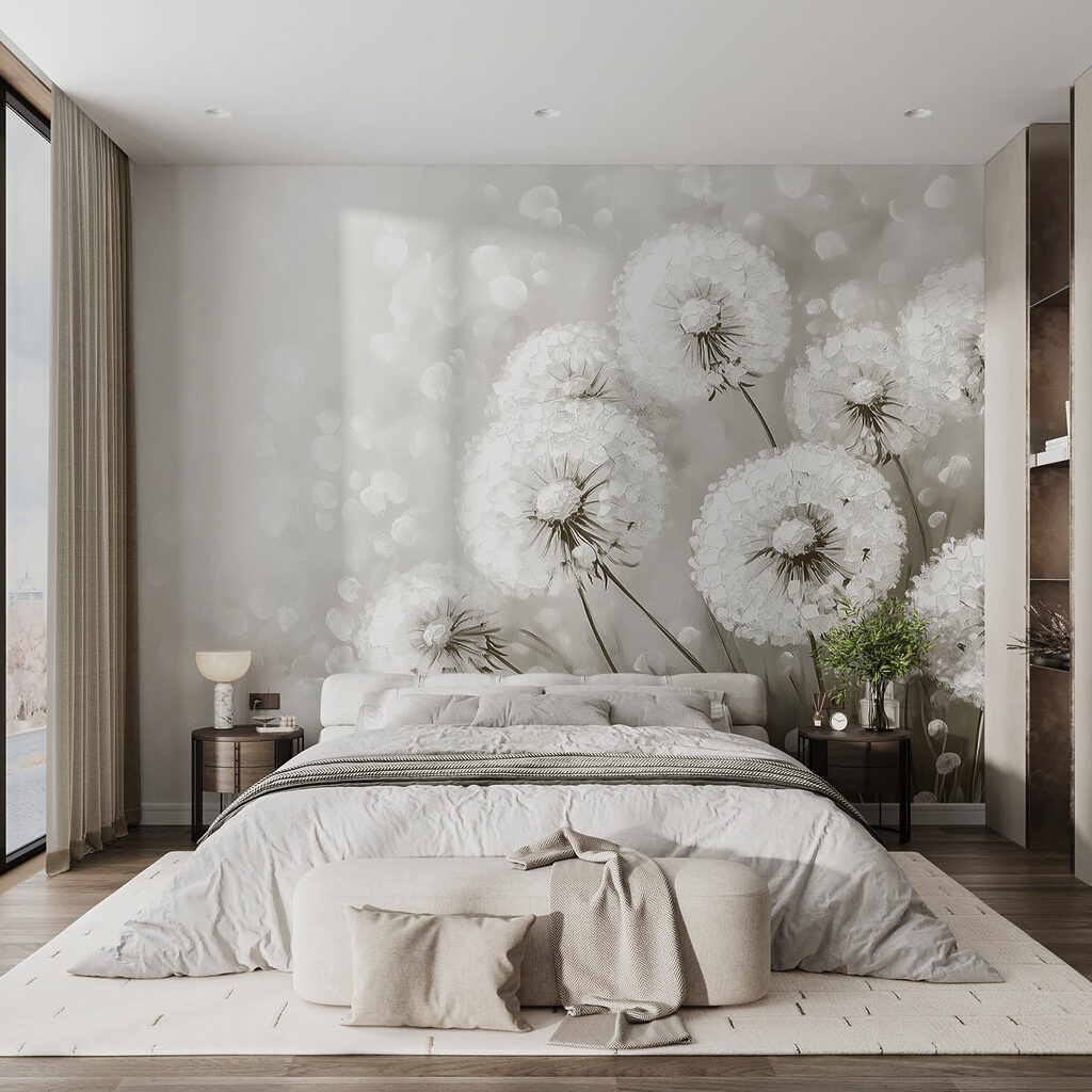 Group of dandelions with white flowers