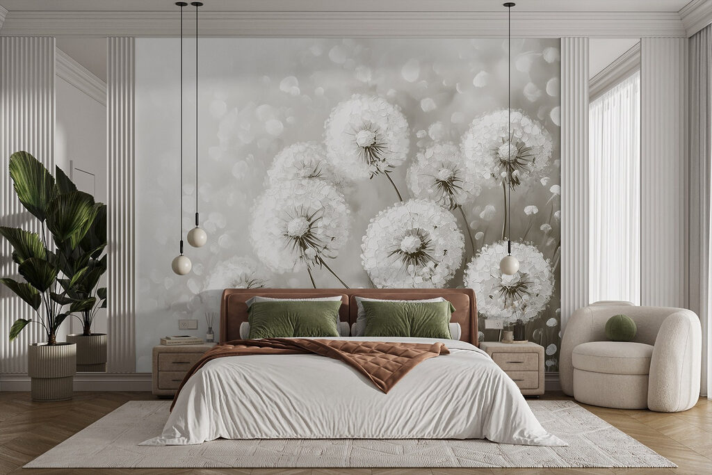 Group of dandelions with white flowers
