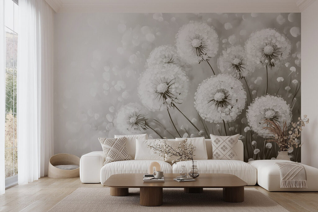 Group of dandelions with white flowers