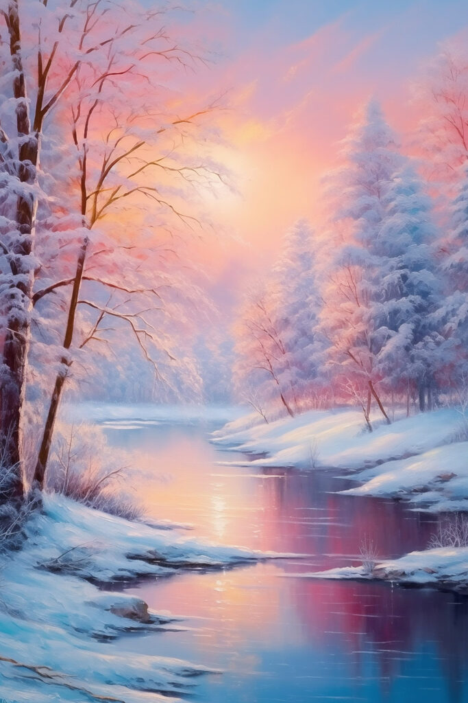 River with snow covered trees and a pink sunset River with snow covered trees and a pink sunset