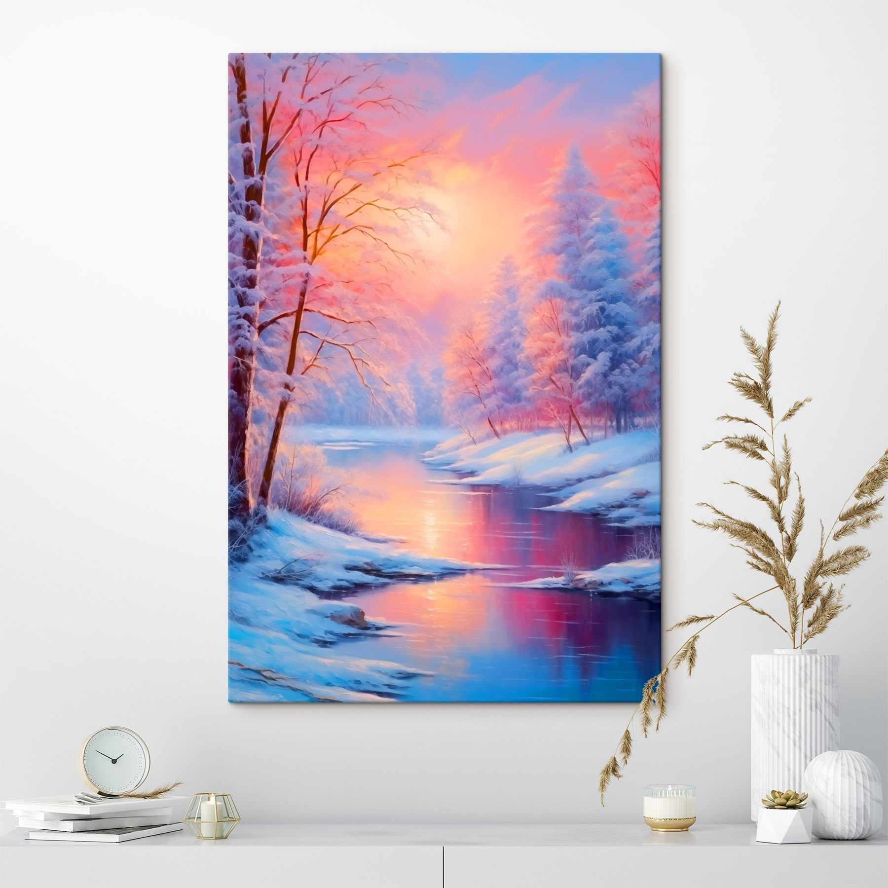 River with snow covered trees and a pink sunset River with snow covered trees and a pink sunset