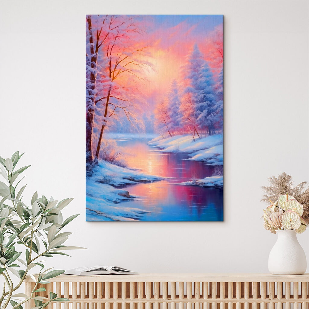 River with snow covered trees and a pink sunset River with snow covered trees and a pink sunset