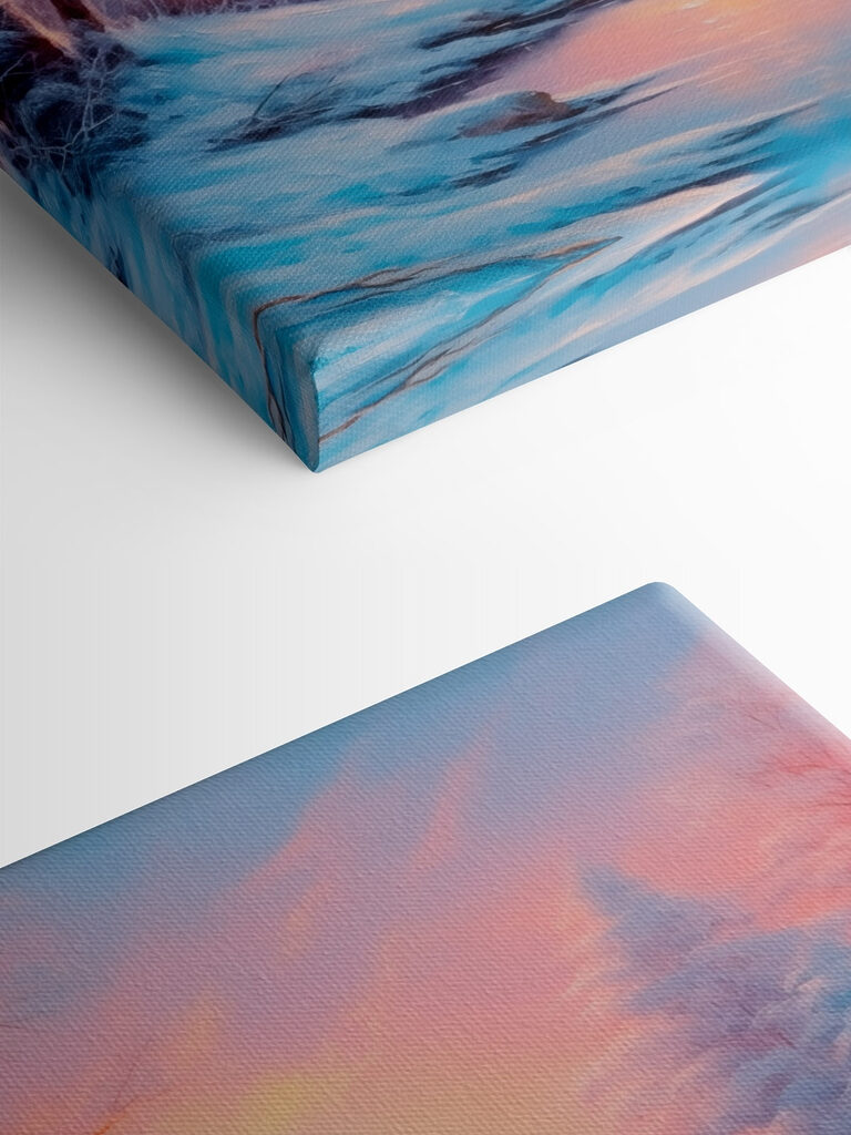 River with snow covered trees and a pink sunset River with snow covered trees and a pink sunset