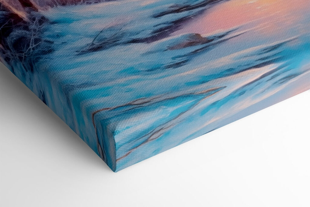 River with snow covered trees and a pink sunset River with snow covered trees and a pink sunset