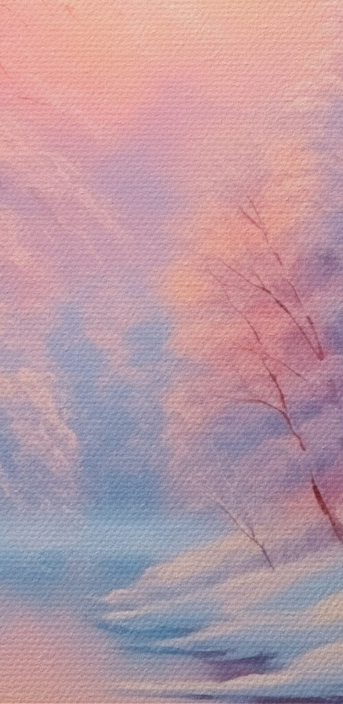 River with snow covered trees and a pink sunset River with snow covered trees and a pink sunset