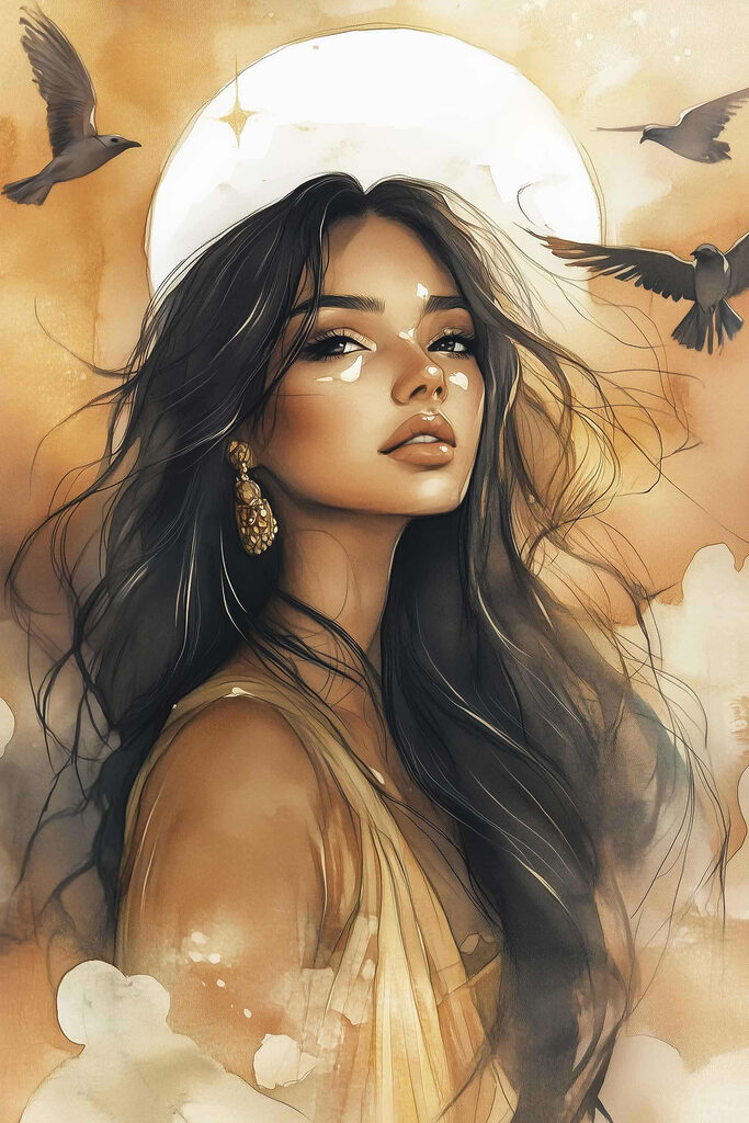 Woman with long hair and a bird flying in the sky