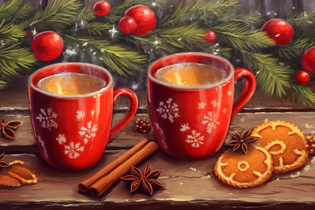 Painting of two red mugs with white patterns and cinnamon sticks and anise stars