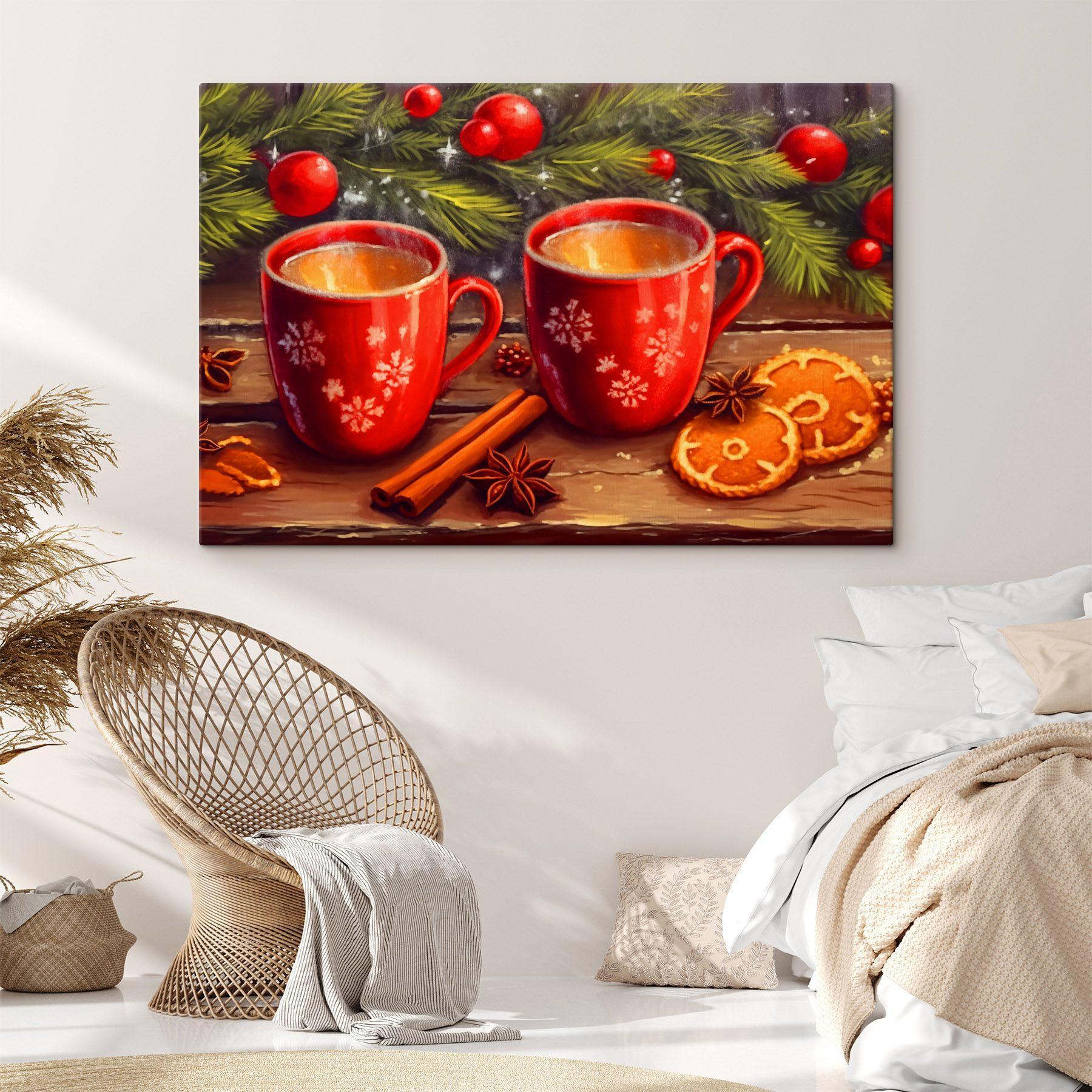 Painting of two red mugs with white patterns and cinnamon sticks and anise stars