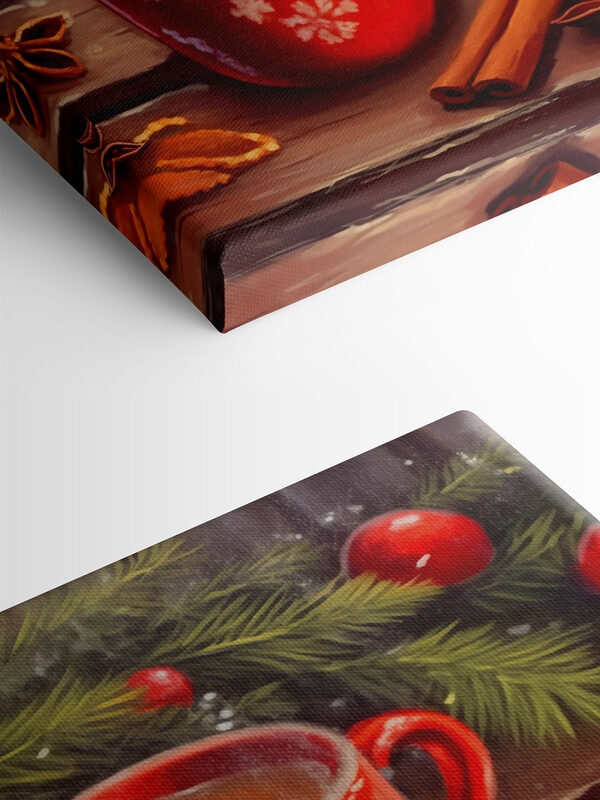 Painting of two red mugs with white patterns and cinnamon sticks and anise stars