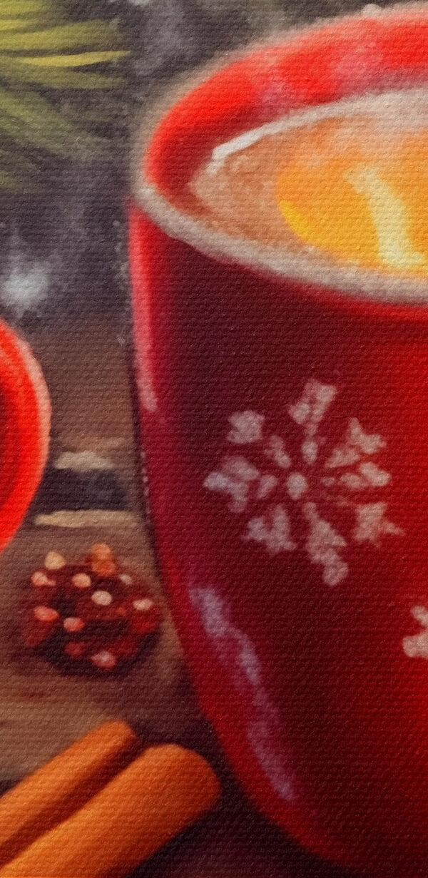 Painting of two red mugs with white patterns and cinnamon sticks and anise stars