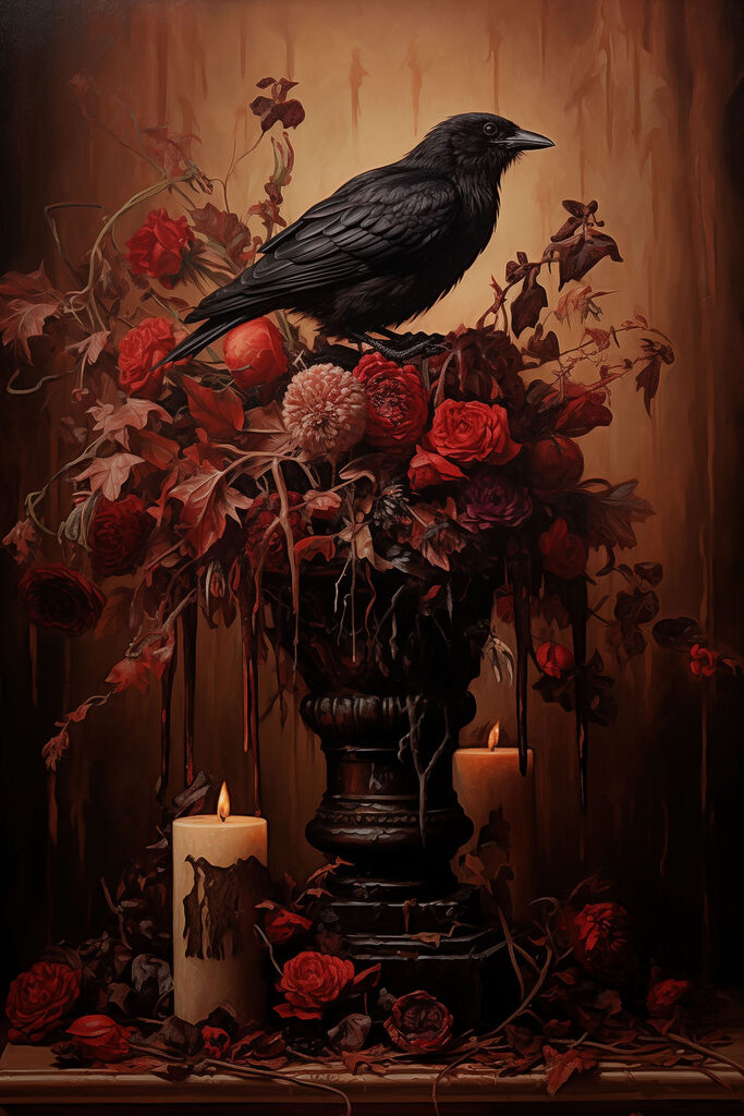 Black bird sitting on a vase of flowers and candles Black bird sitting on a vase of flowers and candles