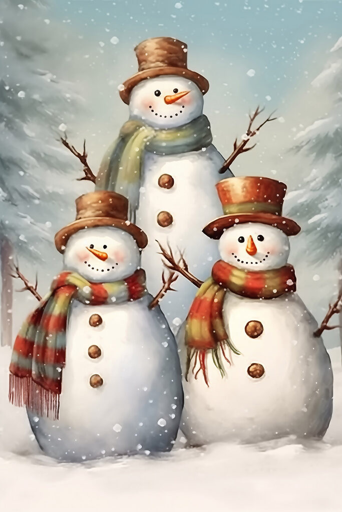 Group of snowmen in a snowy landscape