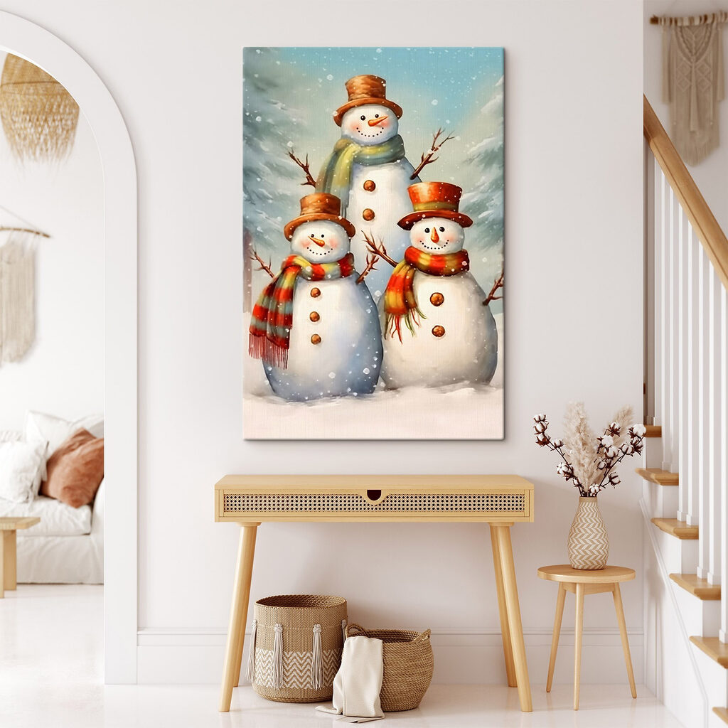 Group of snowmen in a snowy landscape