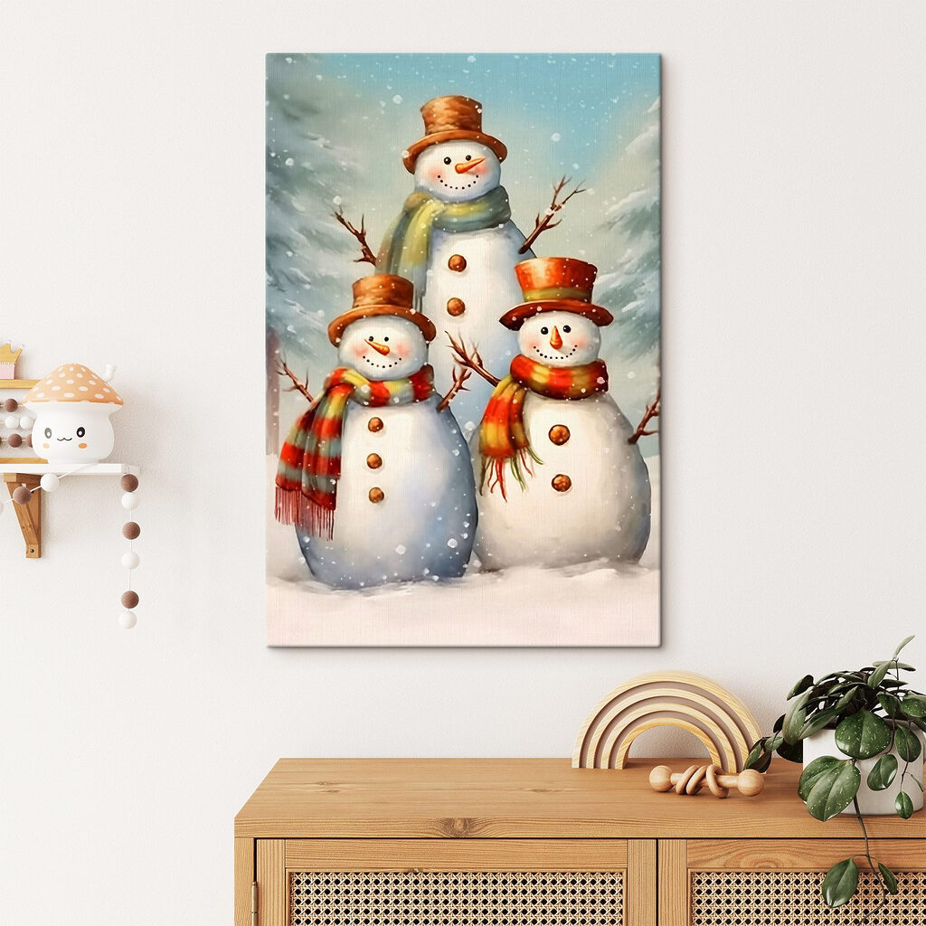 Group of snowmen in a snowy landscape