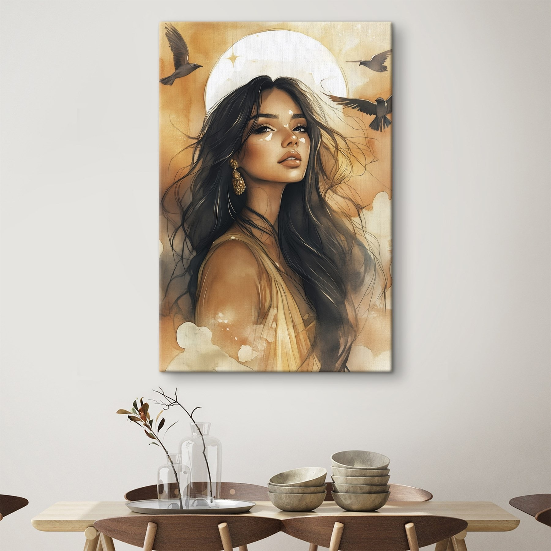 Woman with long hair and a bird flying in the sky Woman with long hair and a bird flying in the sky