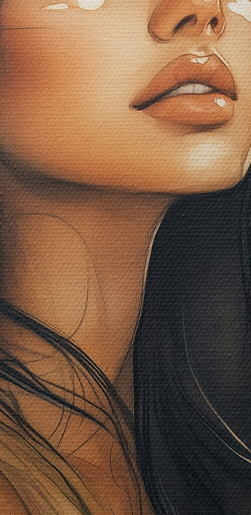 Woman with long hair and a bird flying in the sky