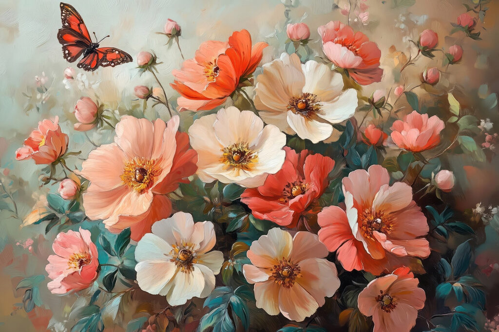 Butterfly flying over a bouquet of flowers