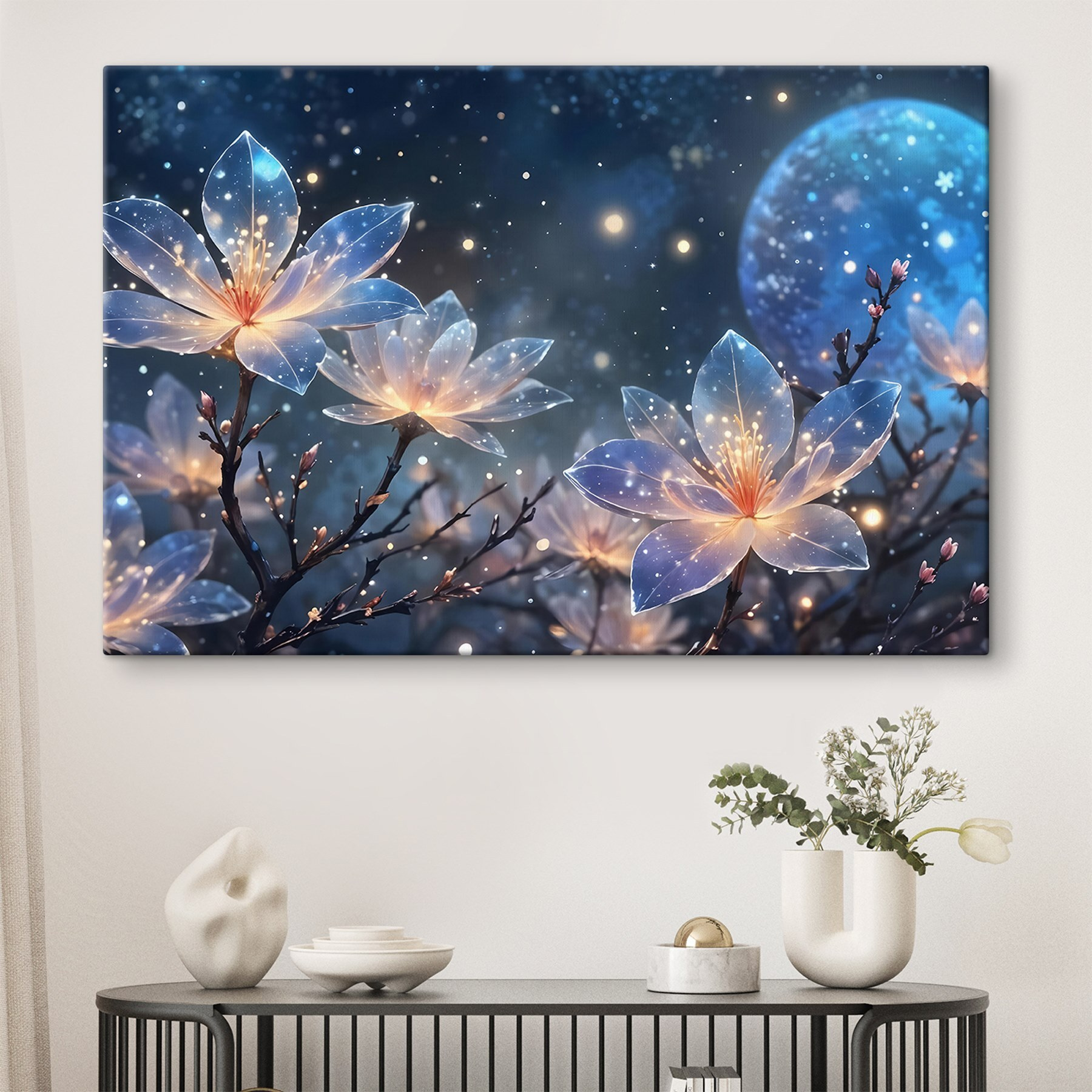 Group of flowers with glowing lights on them Group of flowers with glowing lights on them