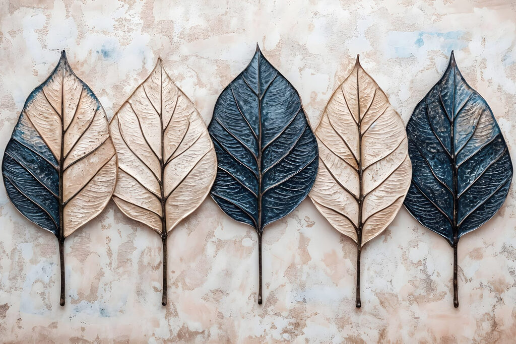 Row of leaves on a marble surface Row of leaves on a marble surface