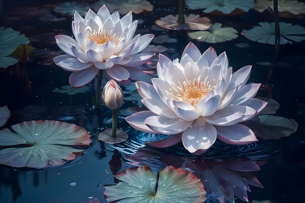 Group of white flowers in a pond