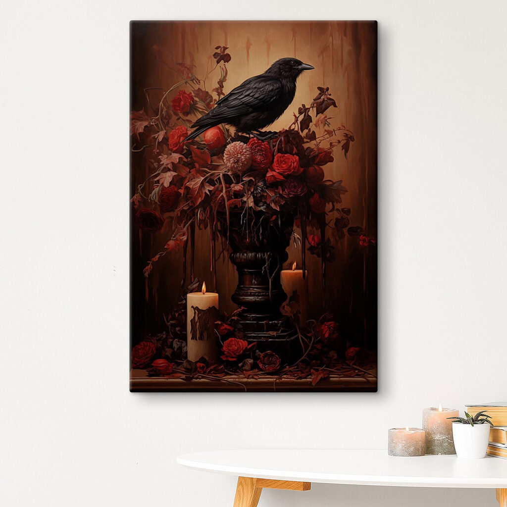 Black bird sitting on a vase of flowers and candles Black bird sitting on a vase of flowers and candles