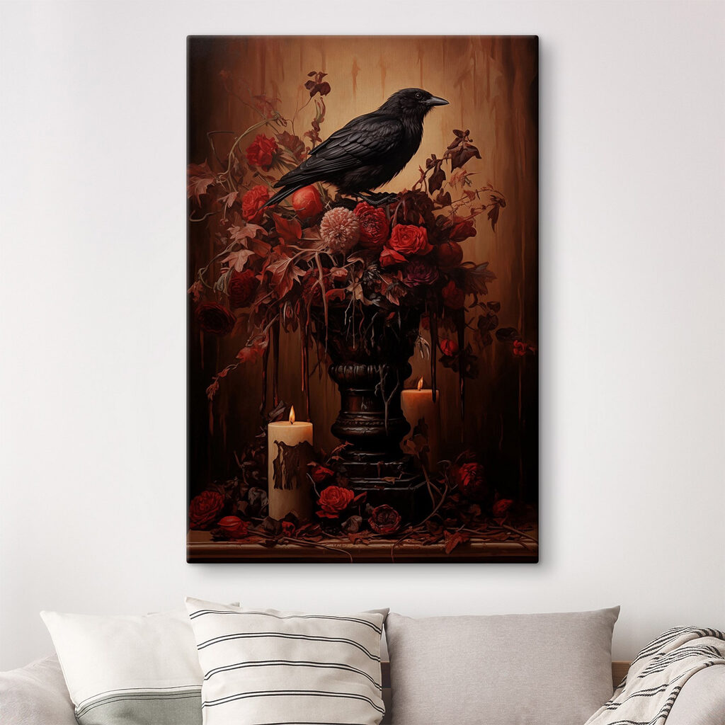 Black bird sitting on a vase of flowers and candles Black bird sitting on a vase of flowers and candles