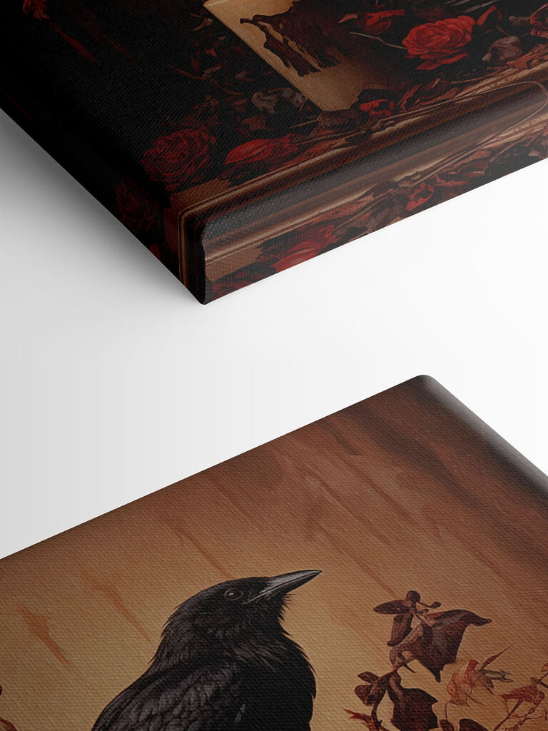 Black bird sitting on a vase of flowers and candles Black bird sitting on a vase of flowers and candles