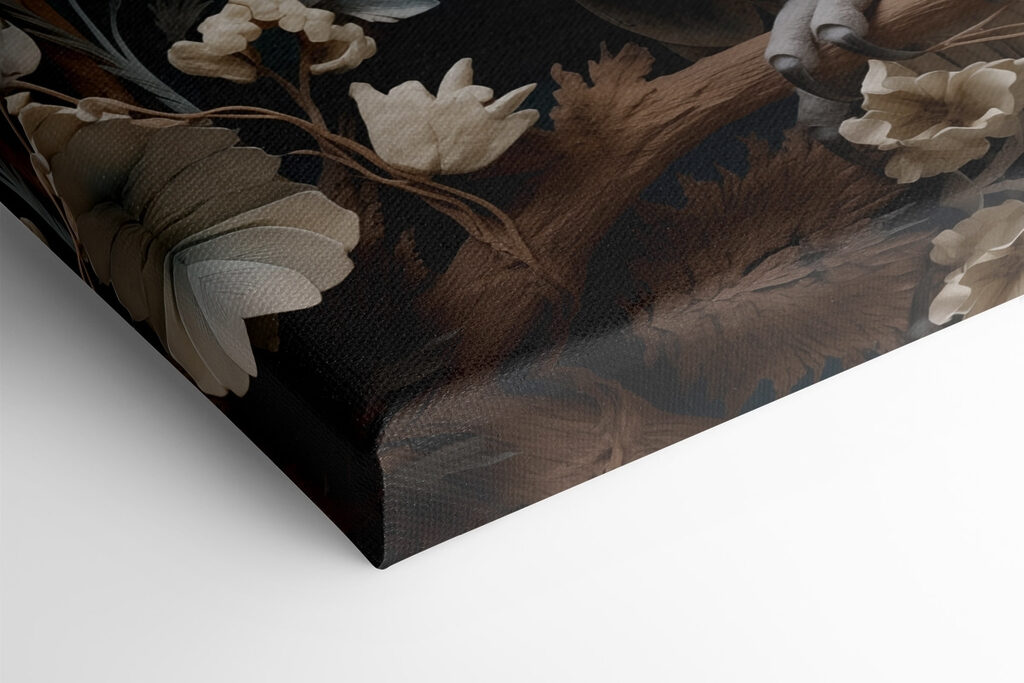 White owl with yellow eyes and a blue background with flowers White owl with yellow eyes and a blue background with flowers