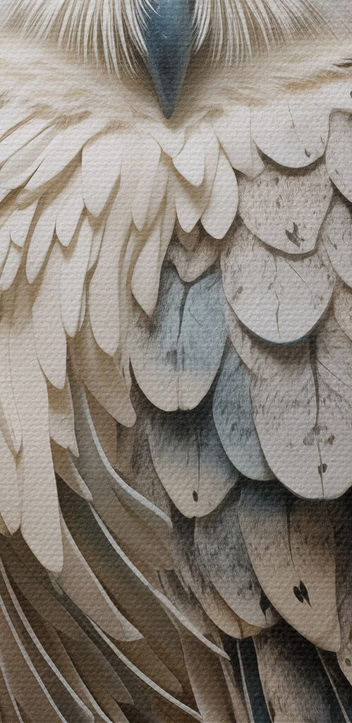 White owl with yellow eyes and a blue background with flowers White owl with yellow eyes and a blue background with flowers