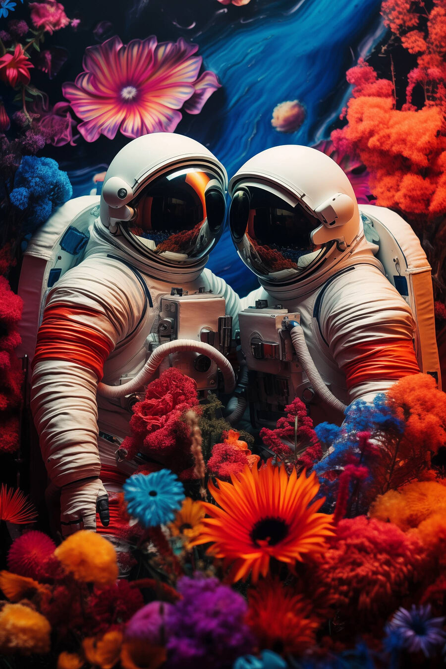 Dvaja astronauti v skafandroch a kvety Dvaja astronauti v skafandroch a kvety