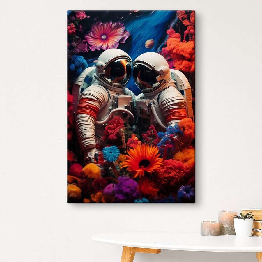 Dvaja astronauti v skafandroch a kvety Dvaja astronauti v skafandroch a kvety