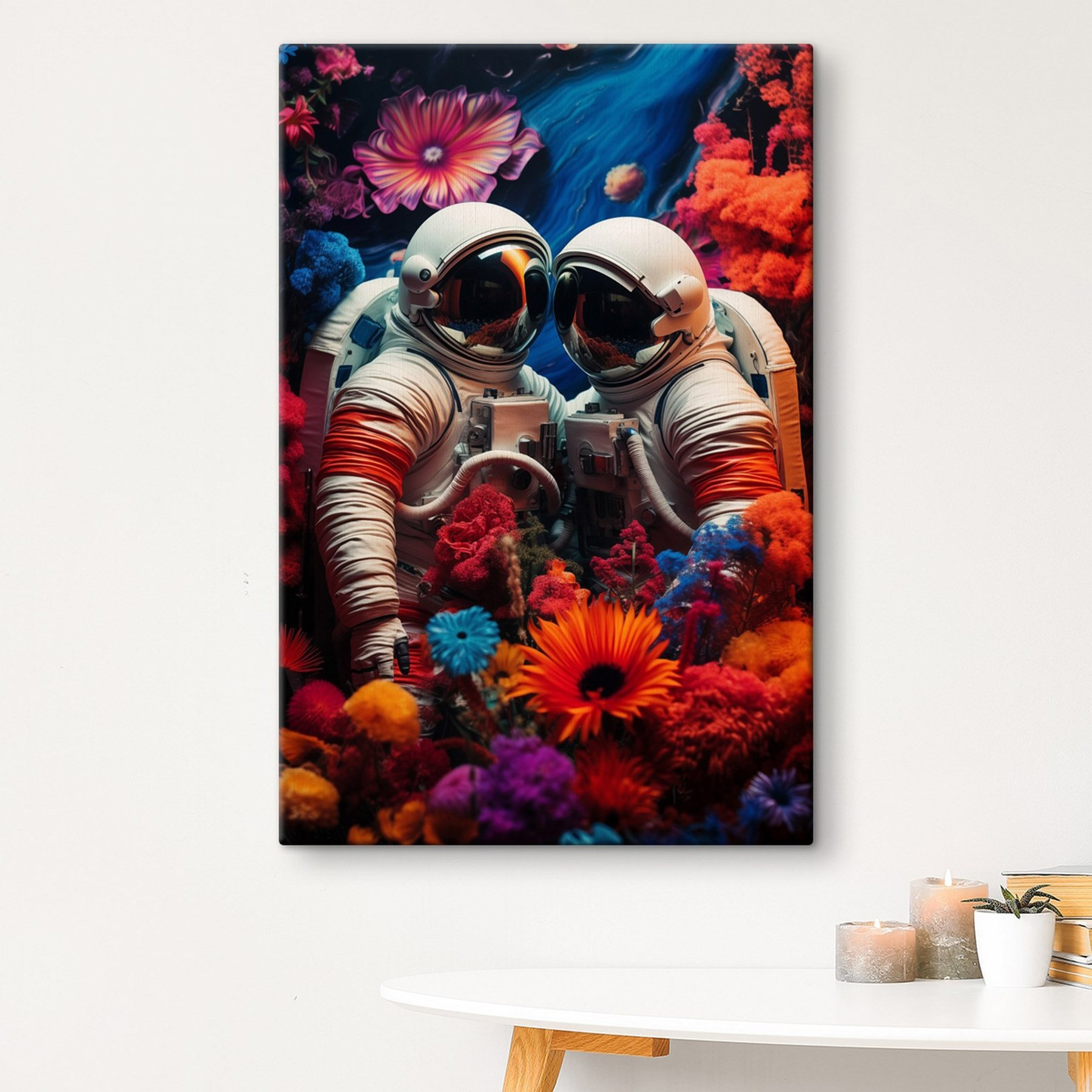 Two astronauts in space suits and flowers Two astronauts in space suits and flowers