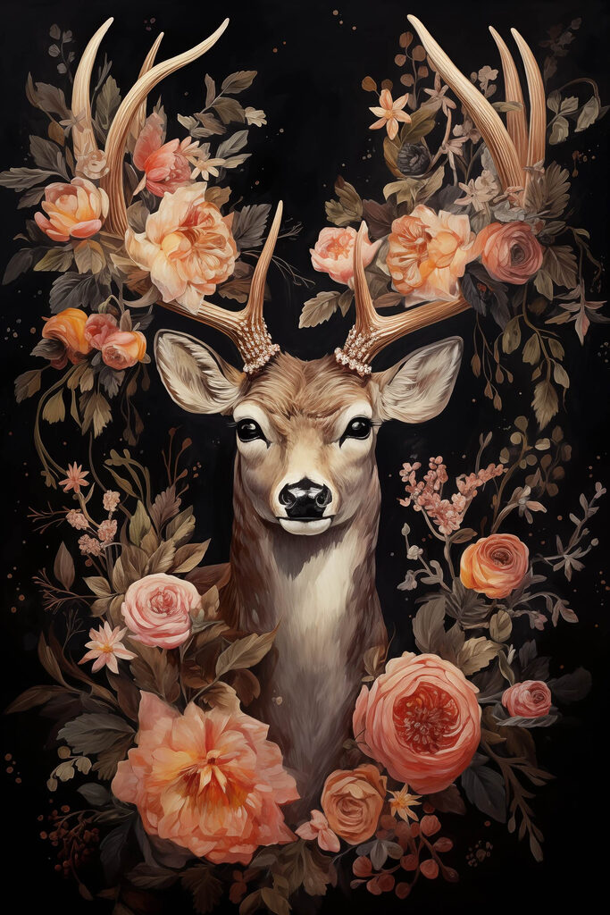 Painting of a deer surrounded by flowers