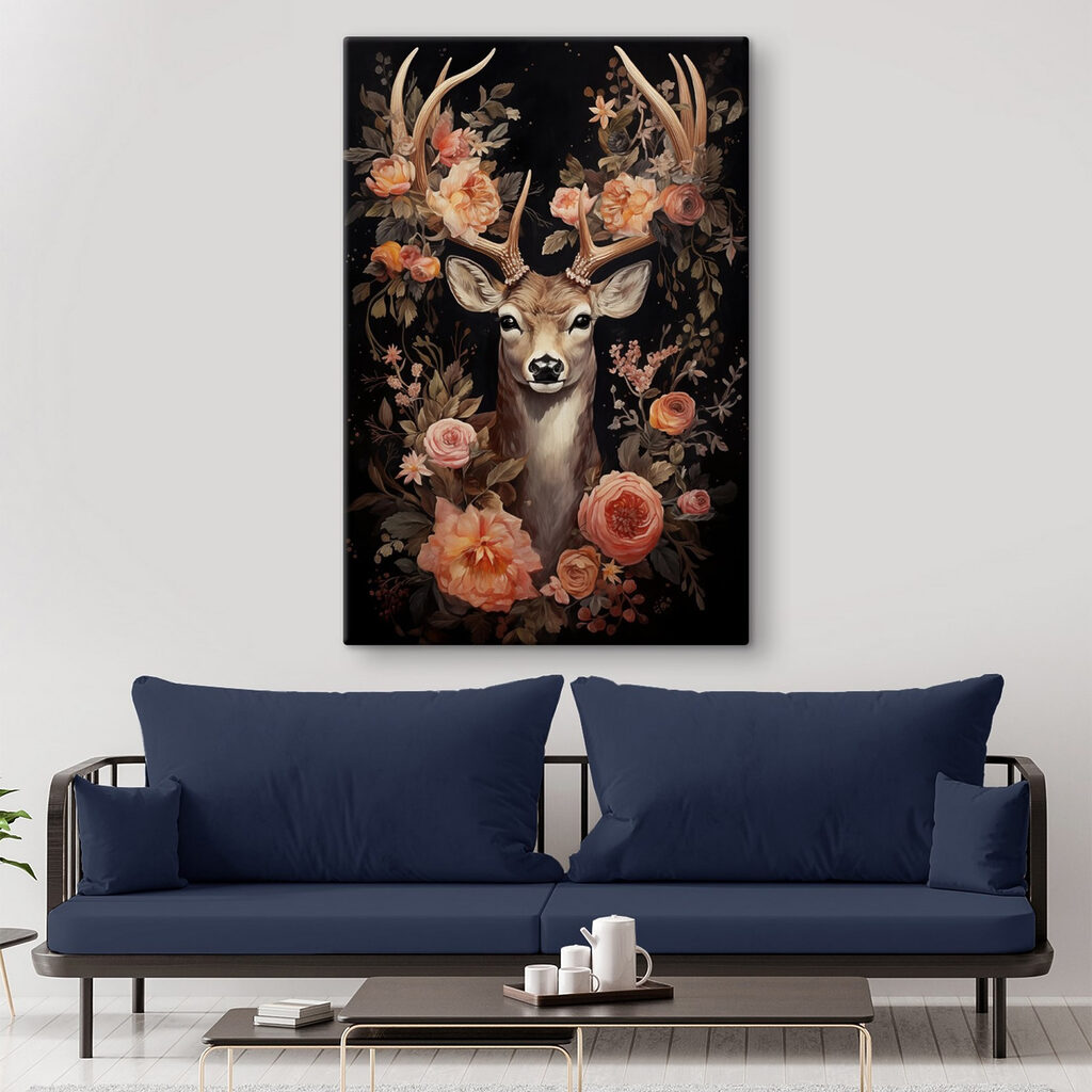 Painting of a deer surrounded by flowers