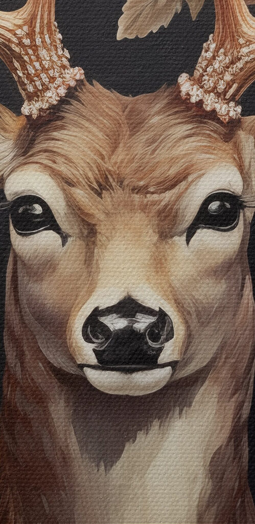 Painting of a deer surrounded by flowers