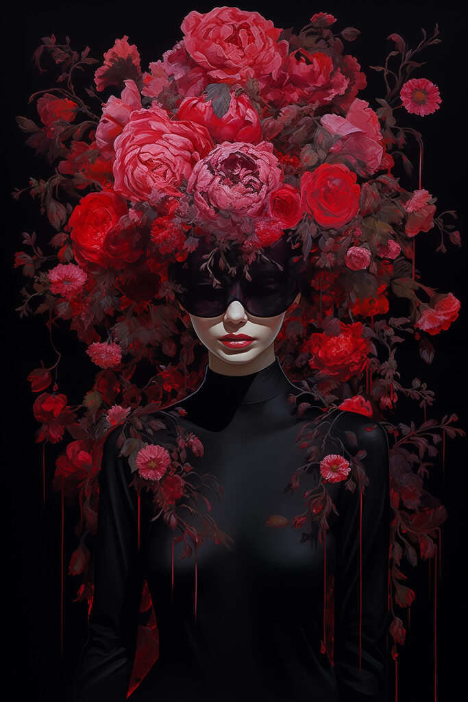 Woman wearing a mask with flowers on her head