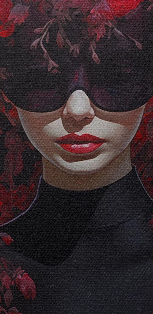 Woman wearing a mask with flowers on her head