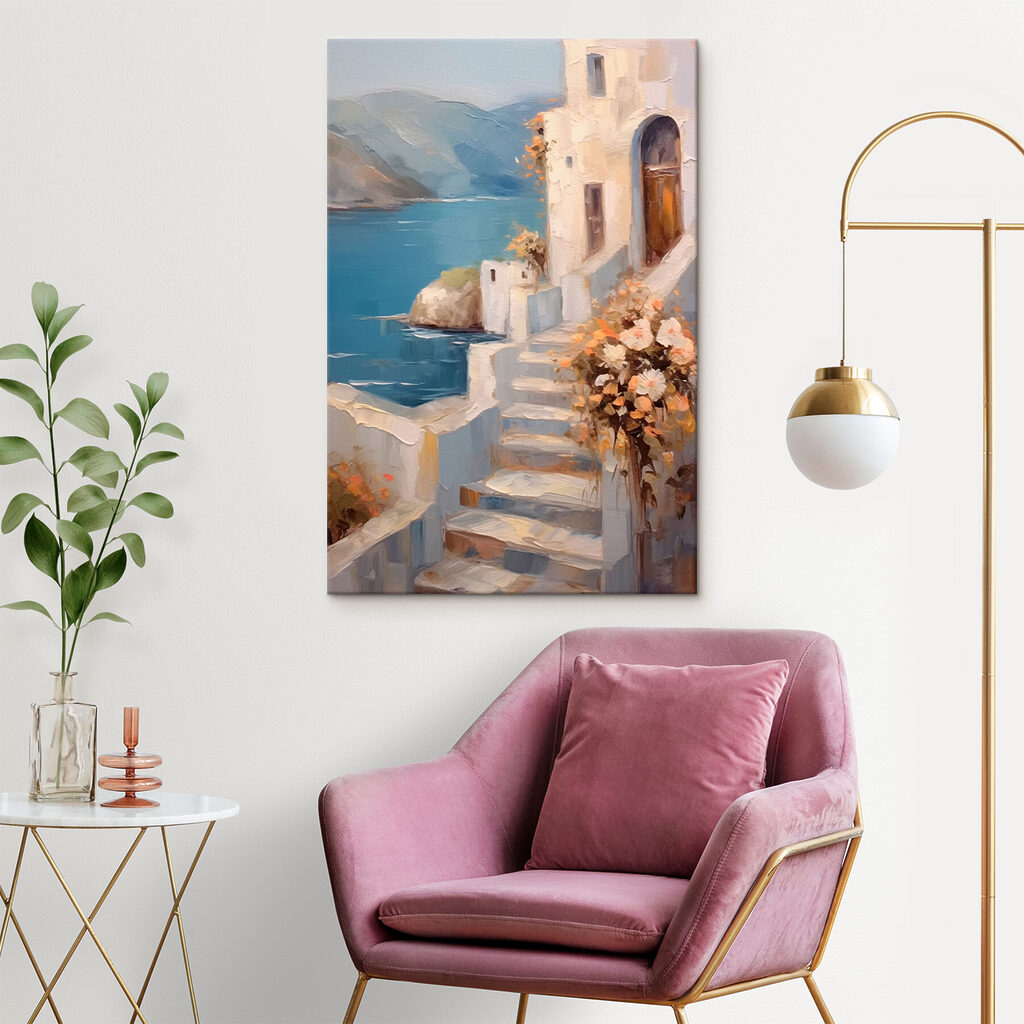 Painting of a house with flowers on the stairs