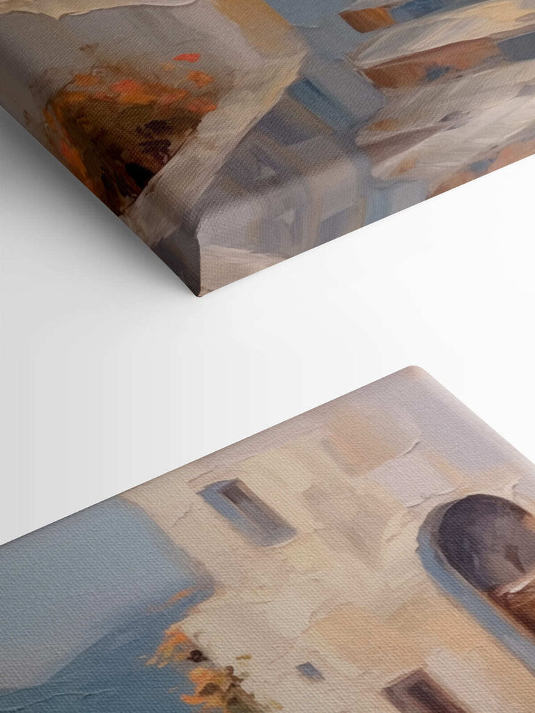 Painting of a house with flowers on the stairs