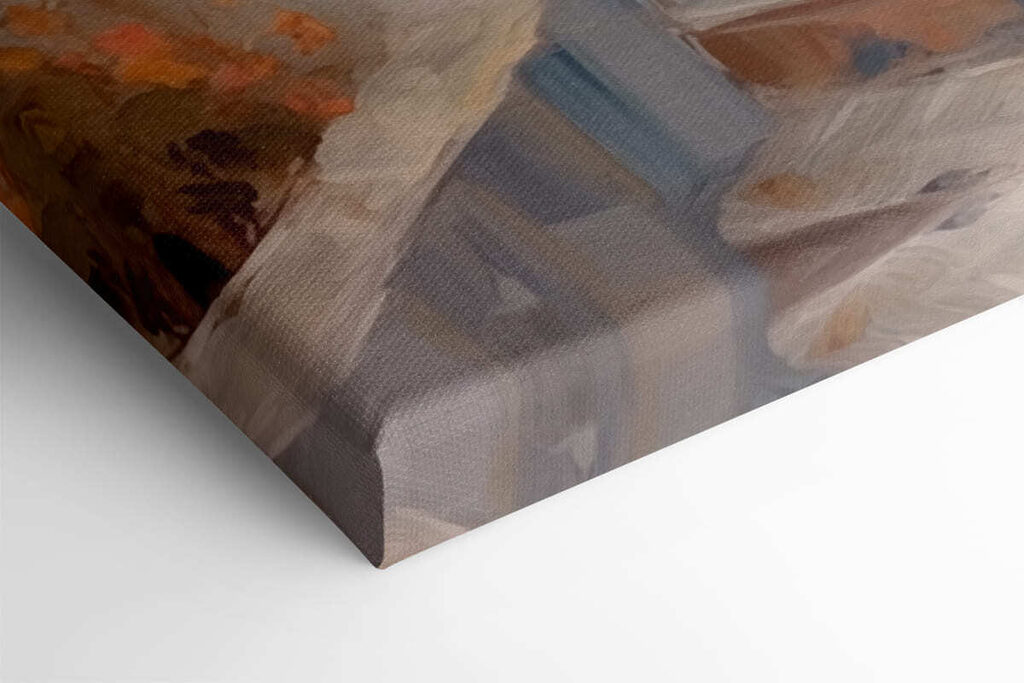 Painting of a house with flowers on the stairs