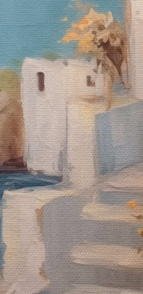 Painting of a house with flowers on the stairs