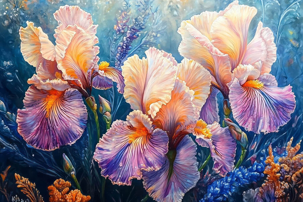 Painting of flowers with yellow and purple petals