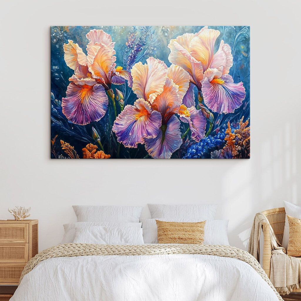 Painting of flowers with yellow and purple petals