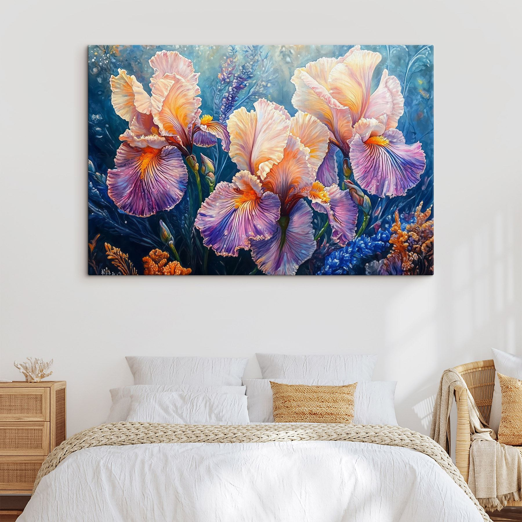 Painting of flowers with yellow and purple petals