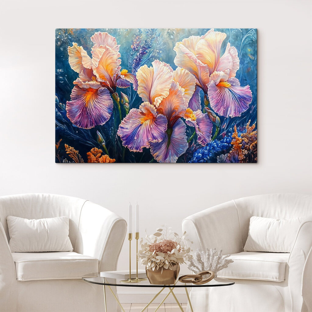 Painting of flowers with yellow and purple petals