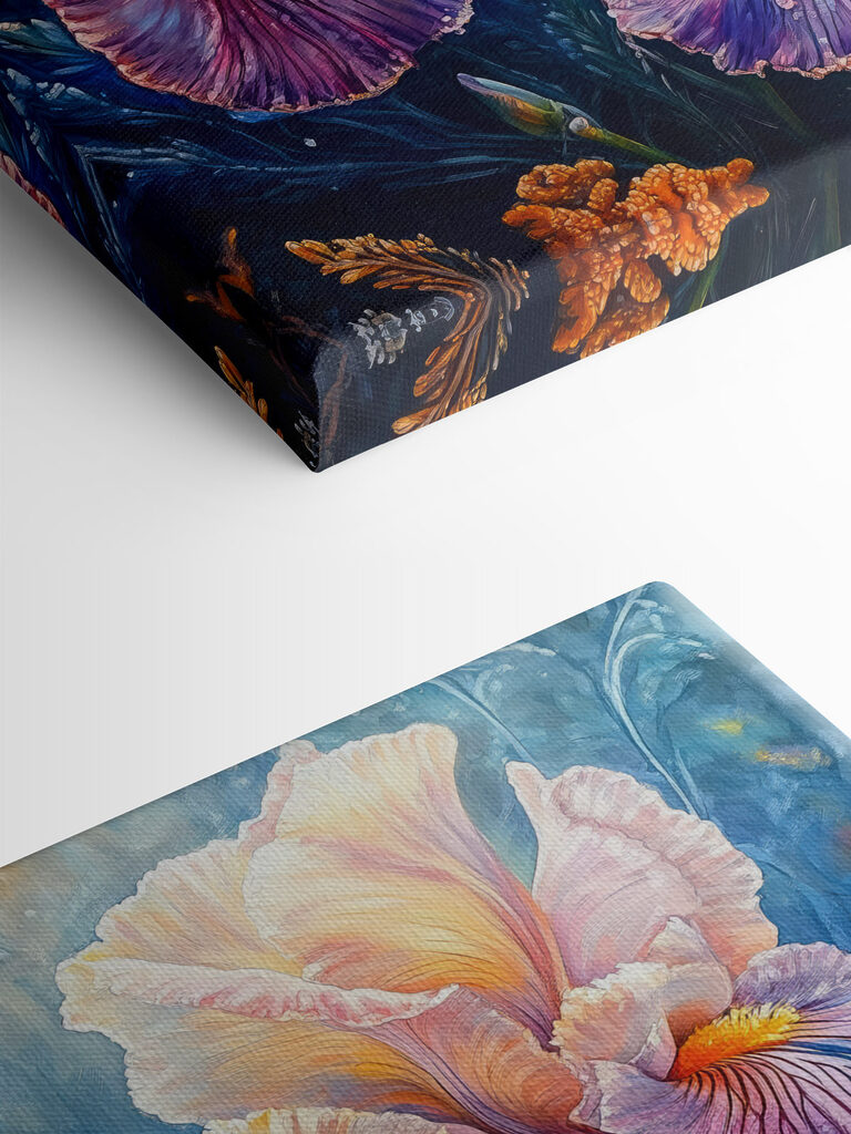 Painting of flowers with yellow and purple petals