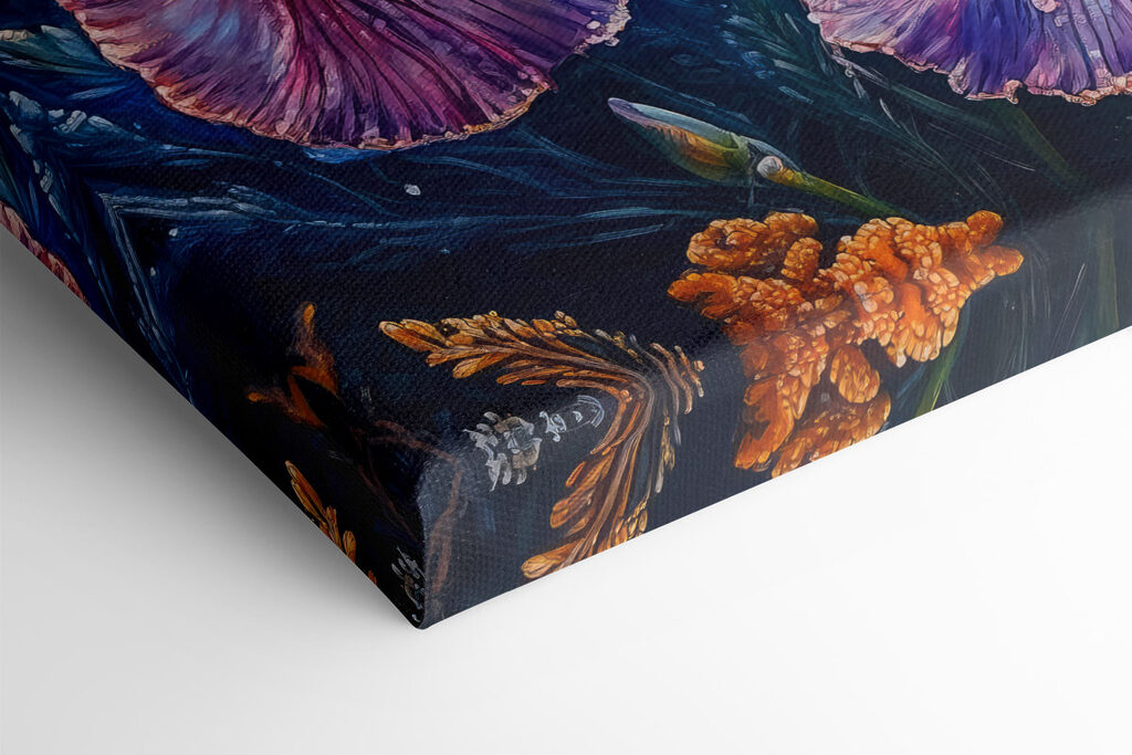 Painting of flowers with yellow and purple petals